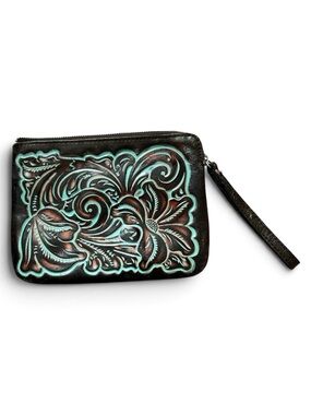 Patricia Nash~Hand-Tooled Floral Leather Wristlet in Turquoise and Brown